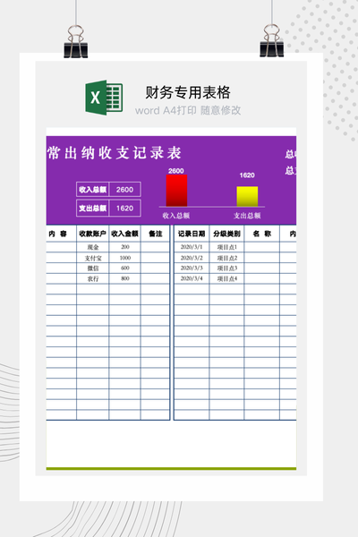 日常出纳收支记录表Excel模板 - 自动计算/财务流水/公司个人通用