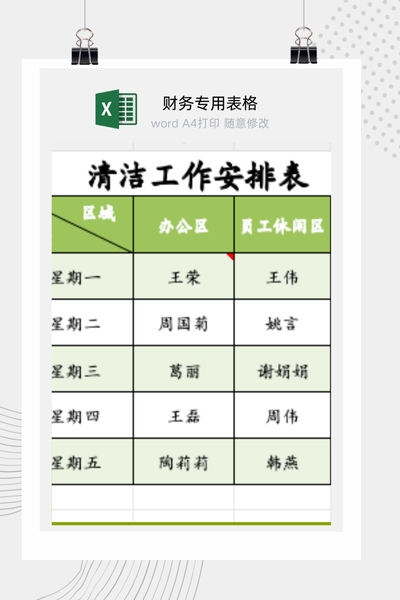 公司办公区公共卫生清洁工作与值日人员安排表Excel模板