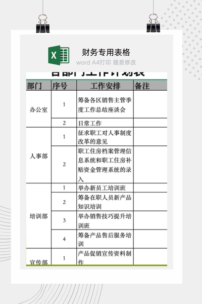 企业各部门月度重点工作计划与任务进度跟踪管理表Excel模板