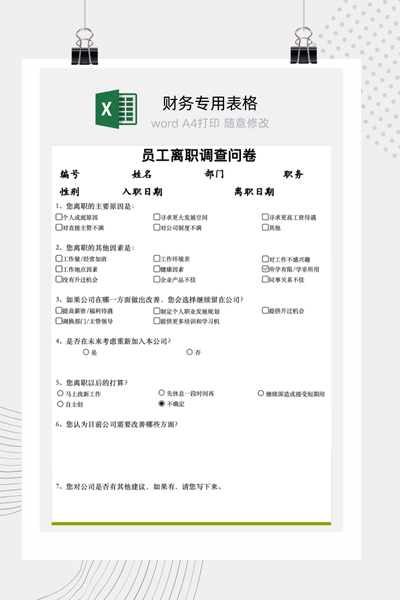 员工离职原因调查与反馈问卷表Excel模板