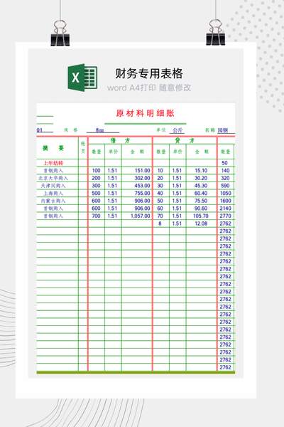原材料明细账Excel模板 - 仓库/库存/成本会计通用