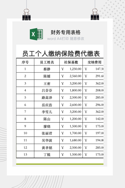 企业代收代缴员工个人社保费用明细与核算表Excel模板