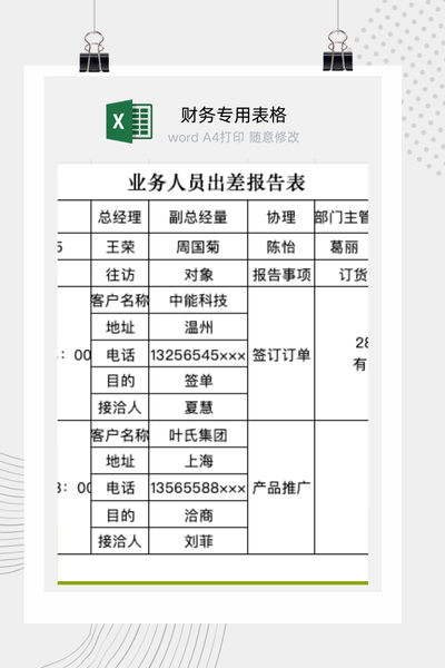 销售业务人员出差工作报告与客户拜访总结汇报表Excel模板