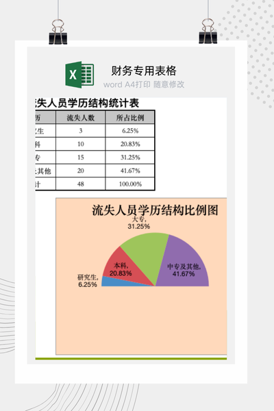 公司离职员工学历结构与流失人才构成分析图表Excel模板