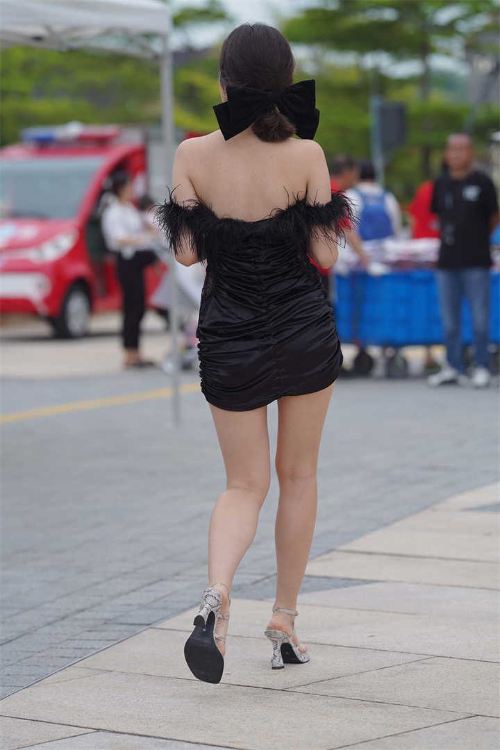 街拍精选1050期：戴巨大蝴蝶结的羽毛裙背影杀手美女图集下载